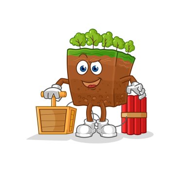 the soil layers holding dynamite detonator. cartoon mascot vecto