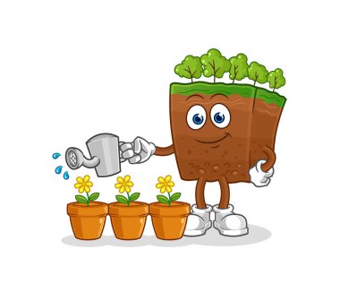 the soil layers watering the flowers mascot. cartoon vecto