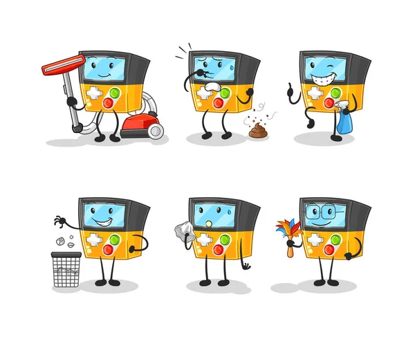 Gameboy Cleaning Group Character Cartoon Mascot Vecto — ストックベクタ
