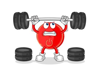 the power button lifting the barbell character. cartoon mascot vecto