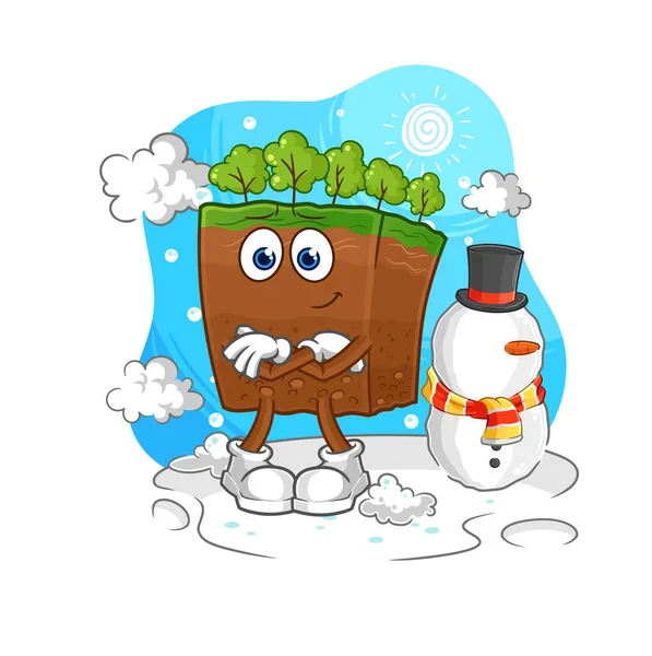 the soil layers in cold winter character. cartoon mascot vecto