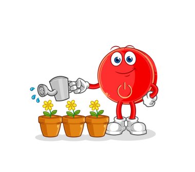 the power button watering the flowers mascot. cartoon vecto