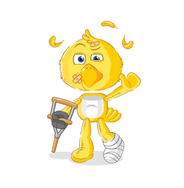 the chick sick with limping stick. cartoon mascot vecto