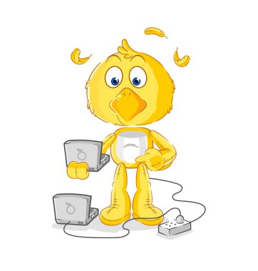 the chick with laptop mascot. cartoon vecto