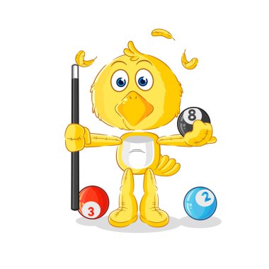 the chick plays billiard character. cartoon mascot vecto