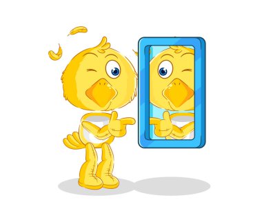 the chick looking into mirror cartoon. cartoon mascot vecto