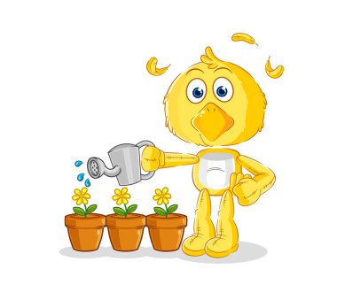 the chick watering the flowers mascot. cartoon vecto