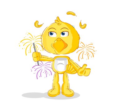 the chick with fireworks mascot. cartoon vecto