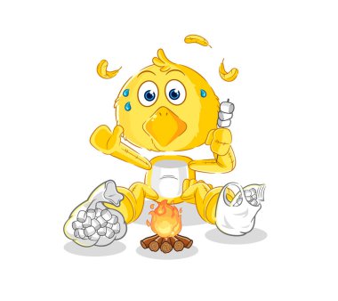 the chick roasting marshmallows. cartoon mascot vecto