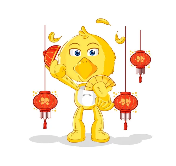 Pulcino Cinese Con Lanterne Illustrazione Carattere Vecto — Vettoriale Stock
