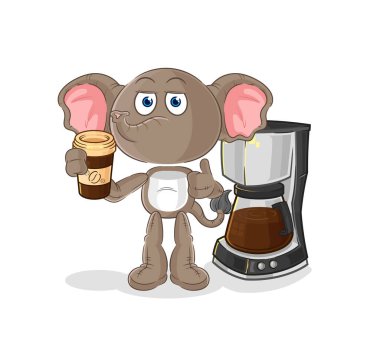 the elephant drinking coffee illustration. character vecto