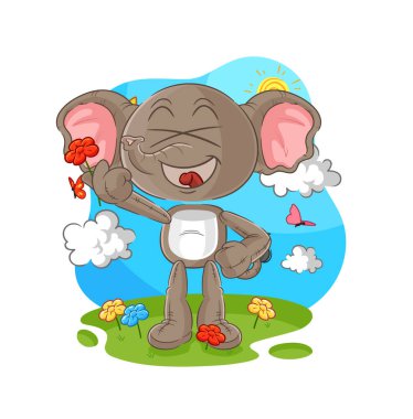 the elephant pick flowers in spring. character vecto