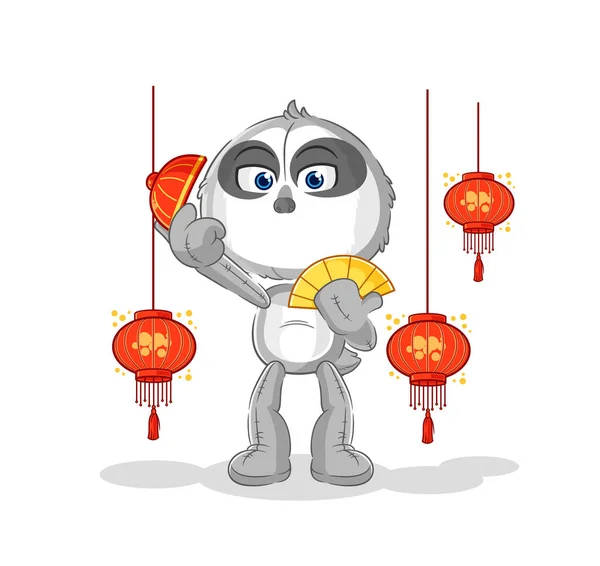 Bradipo Cinese Con Lanterne Illustrazione Carattere Vecto — Vettoriale Stock