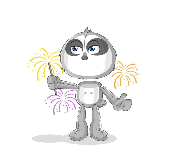 Sloth Fireworks Mascot Cartoon Vecto — Stock Vector