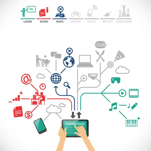 Tablet kullanarak farklı amaçlar için - öğrenme, iş, navigasyon, spor, aramalar, Oyunlar, müzik, eğlence, Gıda vb. Infographic illüstrasyon