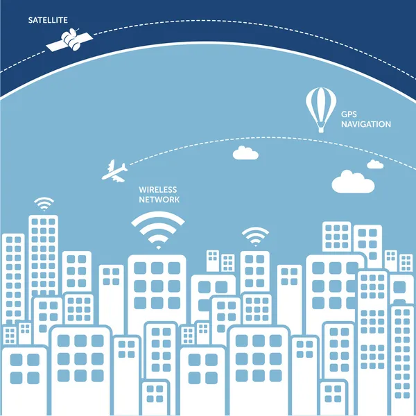 Şehir manzaralı bir atmosfer ve uydu uzayda - kablosuz bağlantı teknolojisi kavramı ile