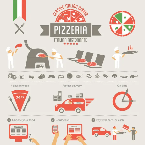 Elementos de pizza, pizzería italiana — Vector de stock