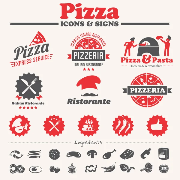 Iconos de pizza, etiquetas, símbolos — Archivo Imágenes Vectoriales