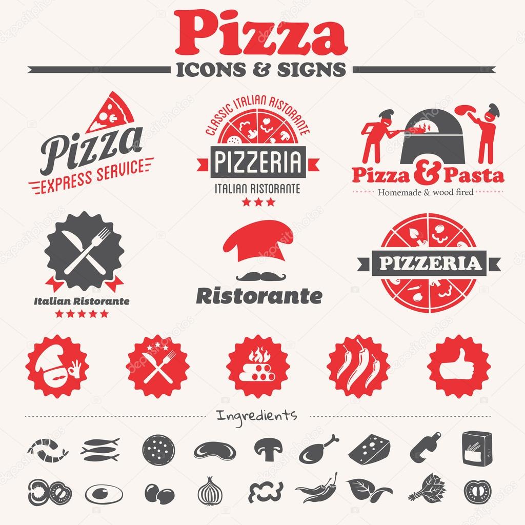Pizza icons, labels, symbols