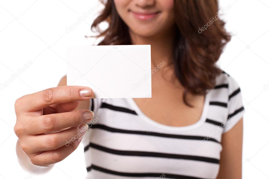 smiling woman hand holding blank card