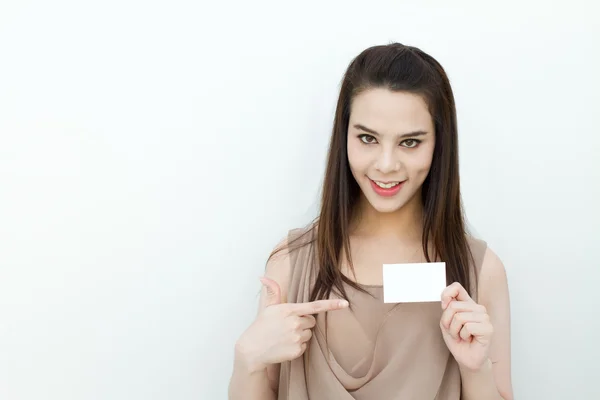 Woman hand holding black card, pointing — Stock Photo, Image