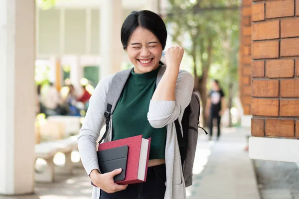 Excitted Confident Asian Woman College Student Getting Back School Reopening — Stock Photo, Image
