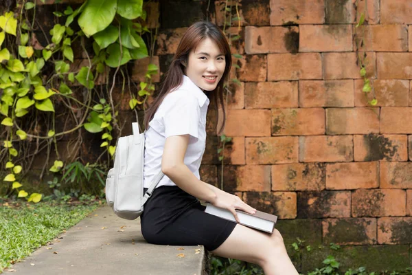 Happy Smiling Asian Woman College Student Studying University Concept Scholarship — Stock Fotó