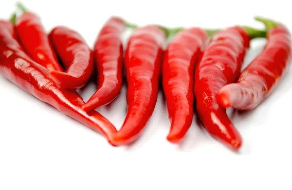 Červené chilli papričky, izolované na bílémκόκκινες πιπεριές τσίλι, απομονωμένη στο λευκό — Stock fotografie