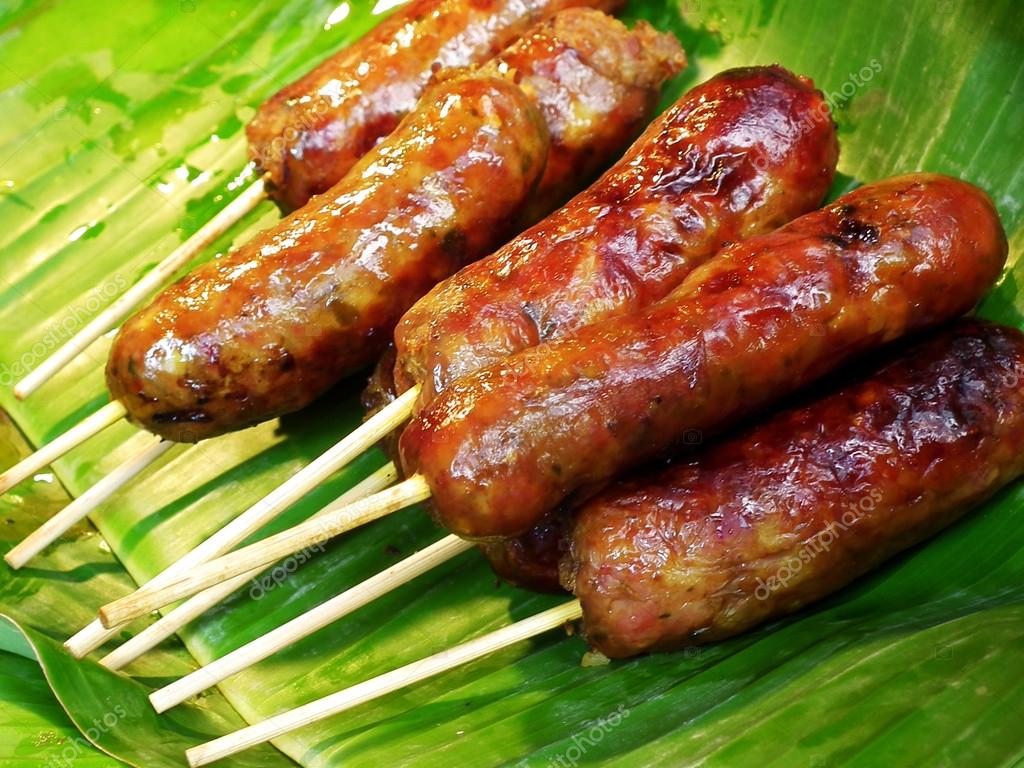 Thai sausage traditional style. Thais call Sai krok isan Stock Photo by