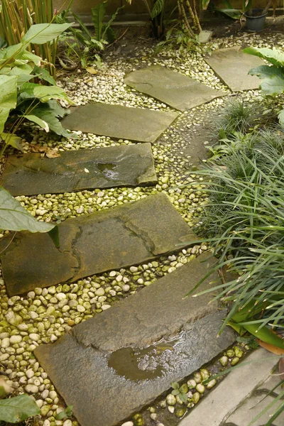 Stenen platen en kleine rotsen, waardoor wandelen in een tuin — Stockfoto