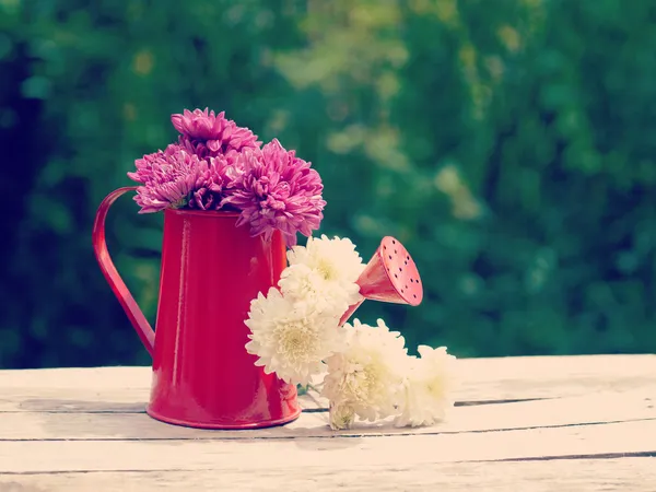 Flowers and watering can old retro vintage style — Stock Photo, Image