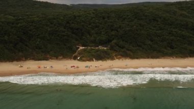 Beyaz kumlu, kumlu, kumlu, kayalık uçurumlar ve yoğun, güneşli bir orman manzarası.