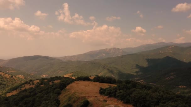 夏のギリシャ上空の空中展望ドローン4K映像。高原の丘の木々の上を飛行し — ストック動画