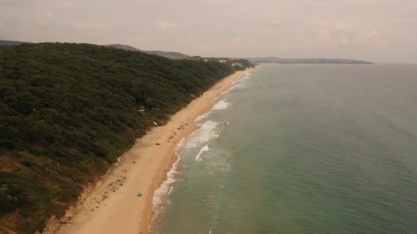 Légi drón felső kilátás óceánra Fekete tenger homokos strand sziklás hegyek sziklák sűrű erdő fényes napos nap — Stock videók