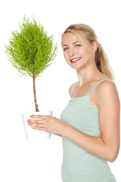 Blond kobieta z zielonym bonsai drzewa — Zdjęcie stockowe