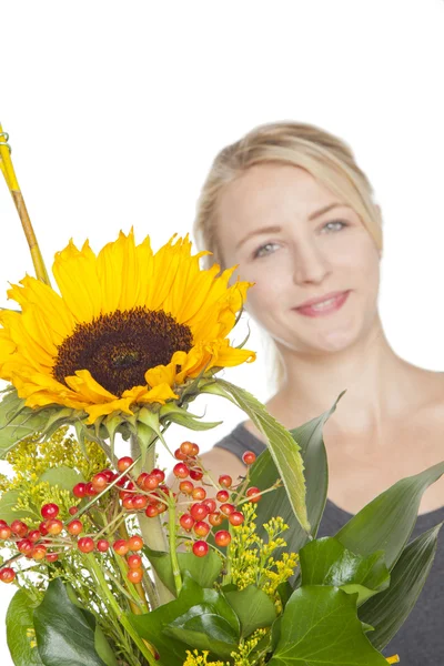 Woman with sunflower bouquet — Stock Photo, Image