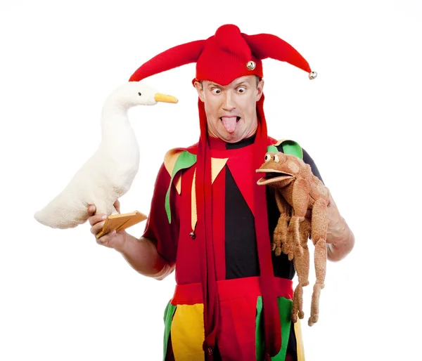 Jester with puppets — Stock Photo, Image