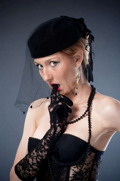 Woman in hat and veil and underwear — Stock Photo, Image