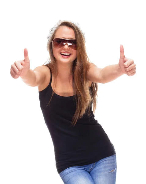 Teenage Girl with Sunglasses showing Thumbs up — Stock Photo, Image