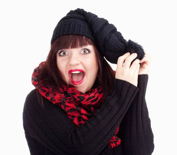 Surprised Woman in Black Cap and Red Scarf — Stock Photo, Image