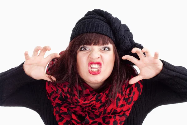 Young Woman in Cap Posing Hands as Claws — Stock Photo, Image