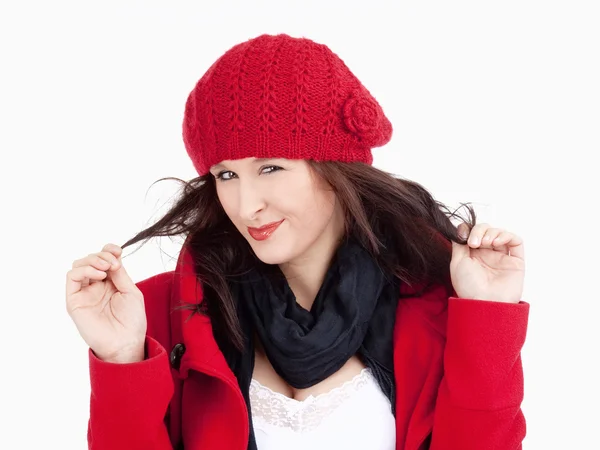 Young Woman in Red Coat and Cap Smiling — Stock Photo, Image