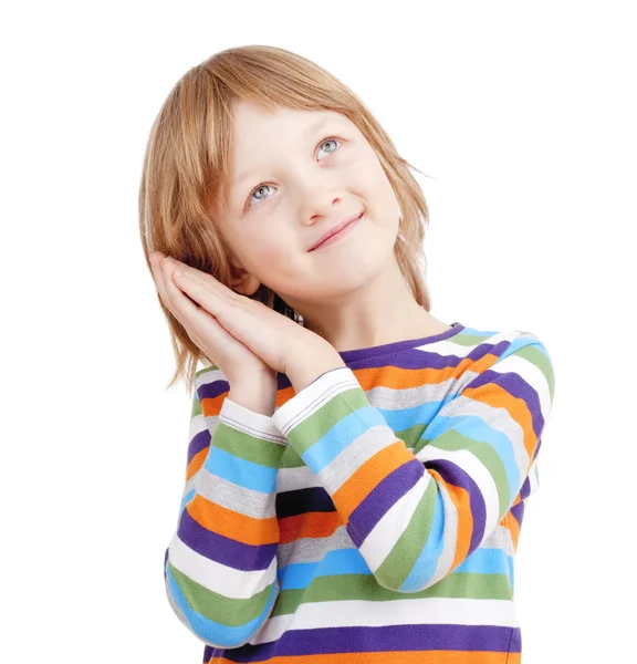 Ellerinin üstünde kafa ile renkli tişörtlü çocuk portresi — Stok fotoğraf