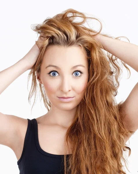 Young Beautiful Woman with Long Brown Hair and Big Blue Eyes Loo — Stock Photo, Image