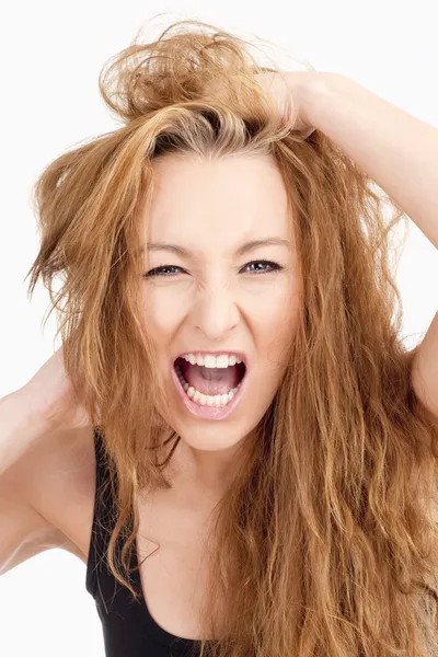 Frustrated Girl with Long Brown Hair Screaming Stock Image