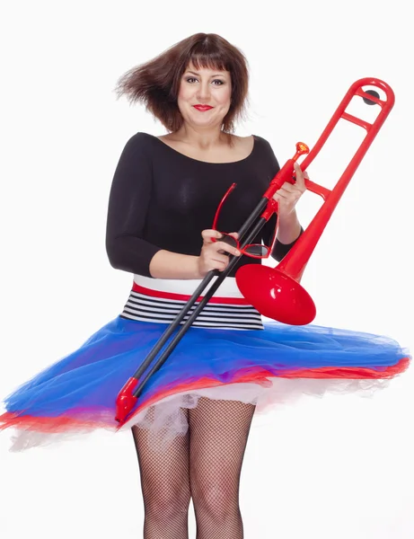 Young Female Musician with Red Trombone Dancing — Stock Photo, Image