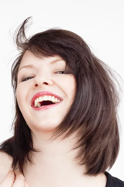 Young Beautiful Woman with Dark Brown Hair Smiling — Stock Photo, Image