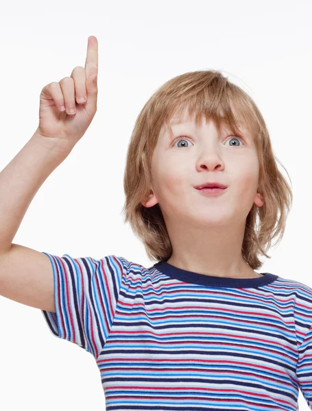 Boy Looking, Raising his Hand, Pointing up — Stock Photo, Image