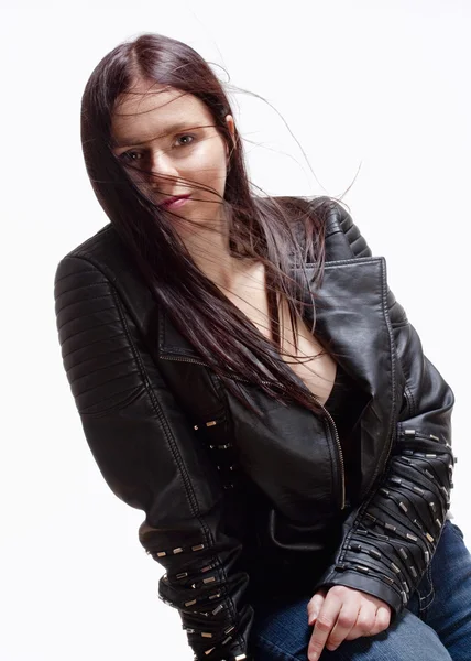 Portrait of a Young Woman in Leather Jacket — Stock Photo, Image