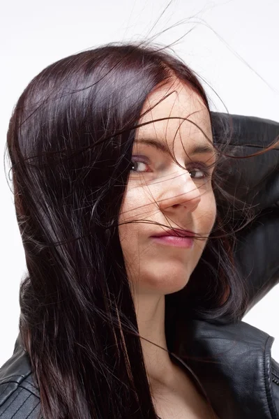 Portrait of a Young Woman in Leather Jacket — Stock Photo, Image